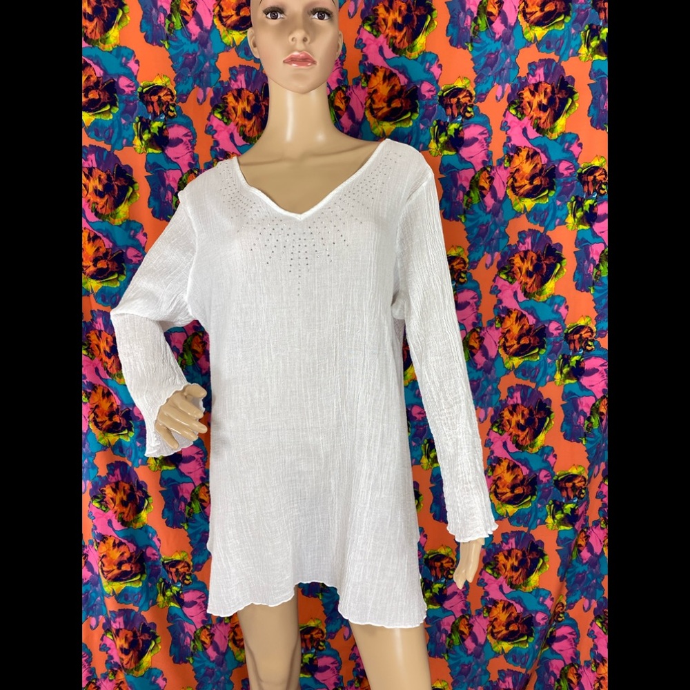 White Cotton Gauze Swim Cover Up-Tunic